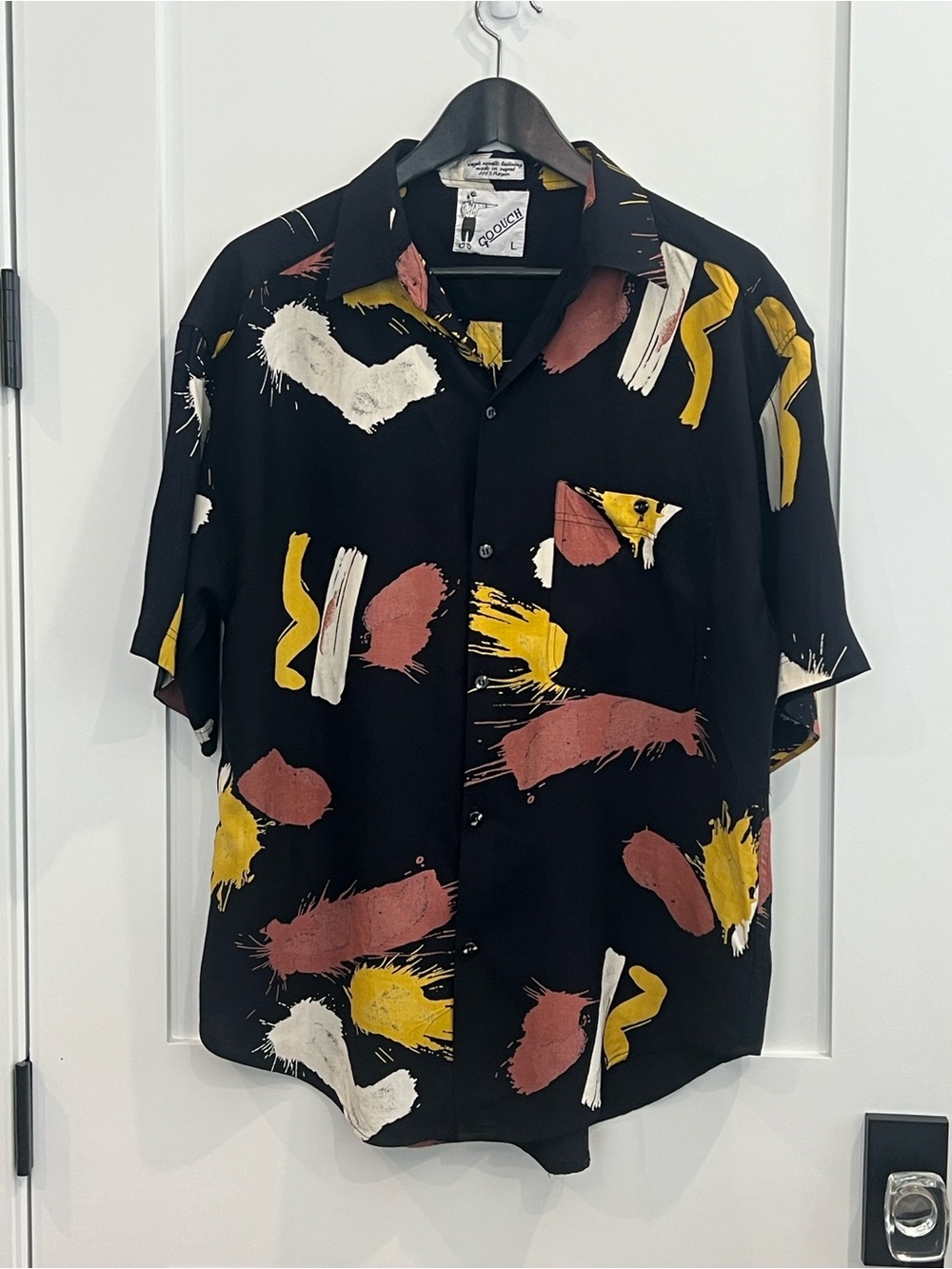 Vintage Goouch Men's Black Short-Sleeve Abstract Brushstroke Shirt 100% Rayon
